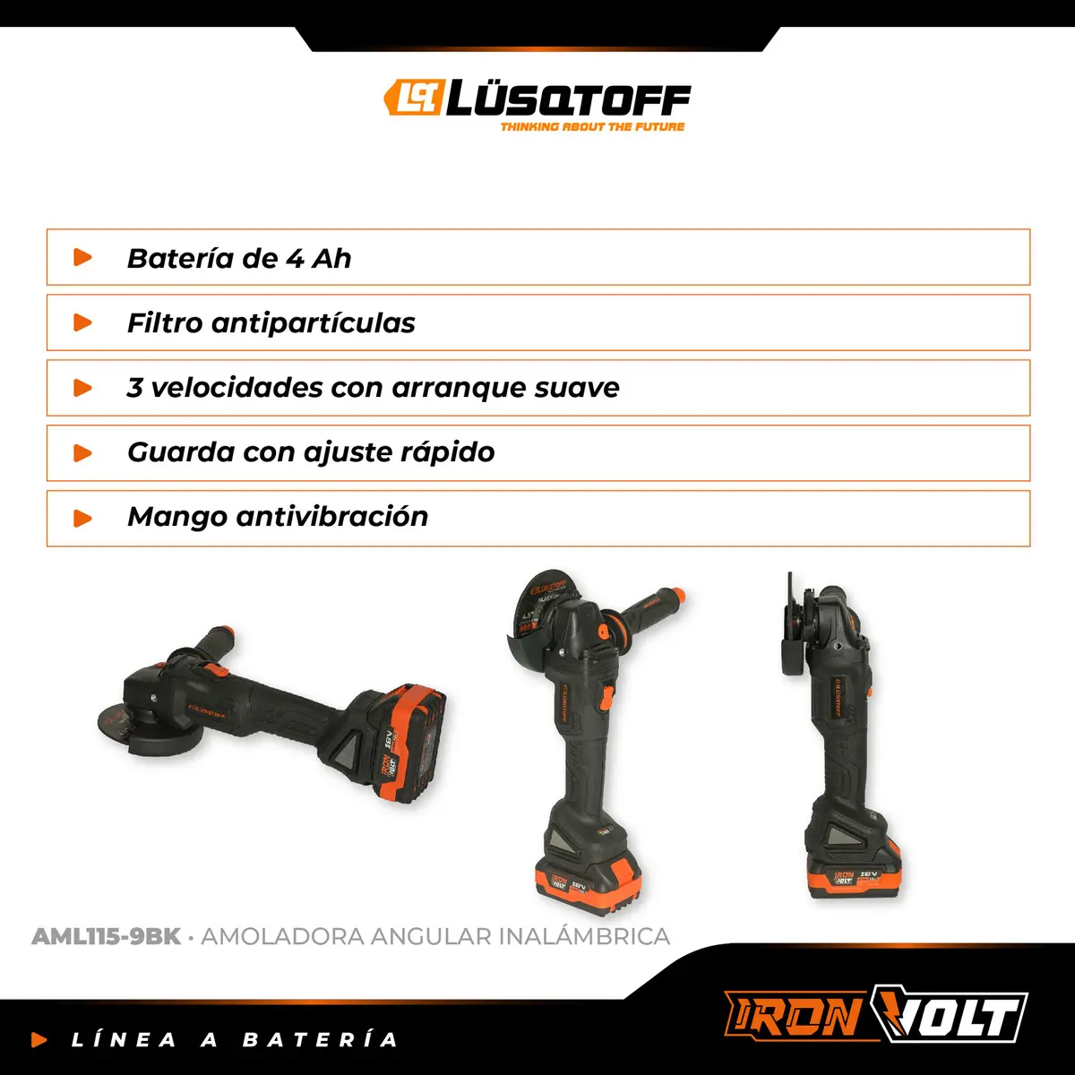 Amoladora Angular Inalambrica Lusqtoff Black Series 2 Bateri Color Negro Frecuencia 18 V - Imagen 10