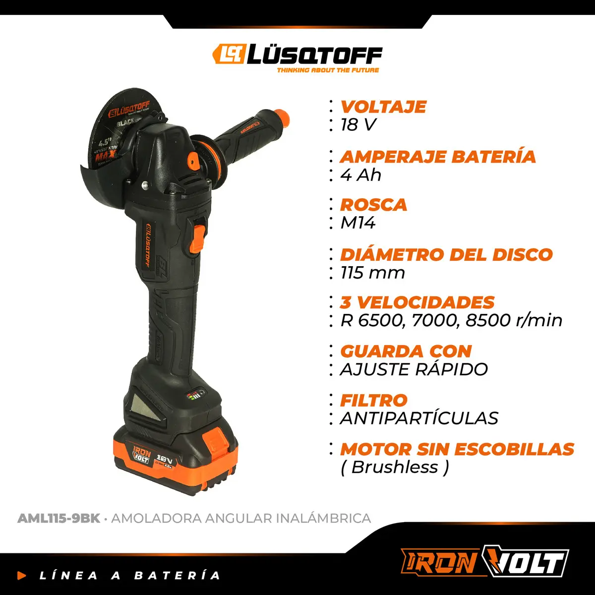 Amoladora Angular Inalambrica Lusqtoff Black Series 2 Bateri Color Negro Frecuencia 18 V - Imagen 8